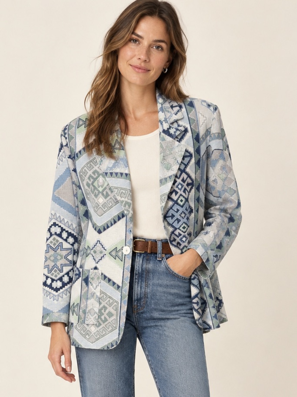 Vintage 90s Cotton Flax Linen Aztec Southwestern Blazer Judy Knapp California